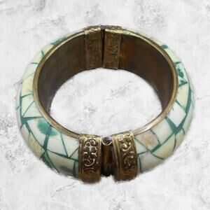 Vintage Hinged Chunky Mosaic Bracelet Green Brass/Copper